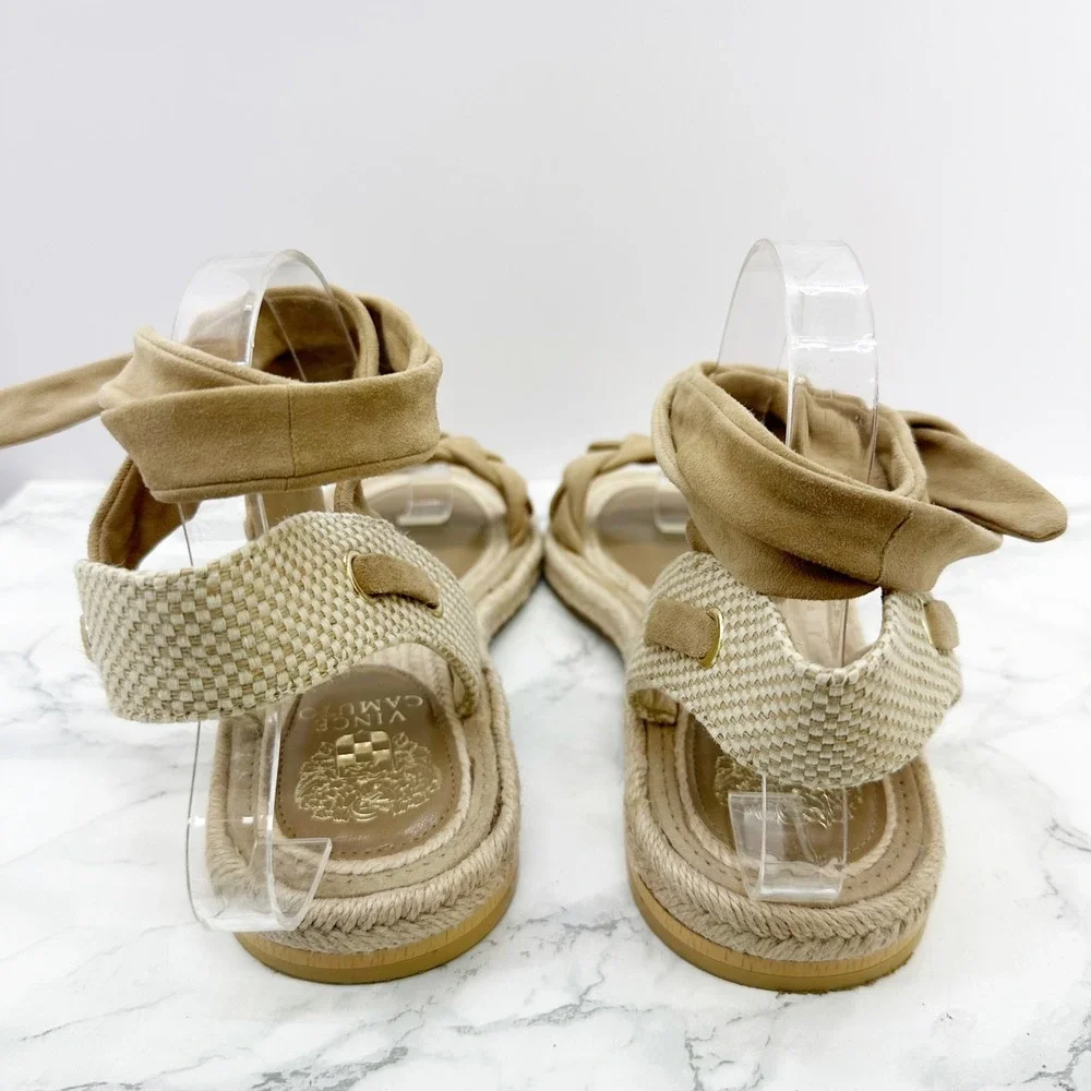 Vince Camuto Kastela Sandals Womens 9.5 Tan Good‎ Braided Wrap Ankle Tie Flat